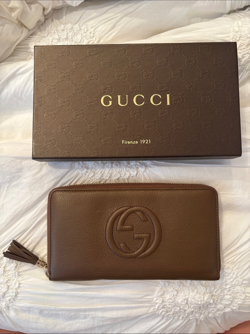 Gucci Brown Leather Zip Wallet with Tassel